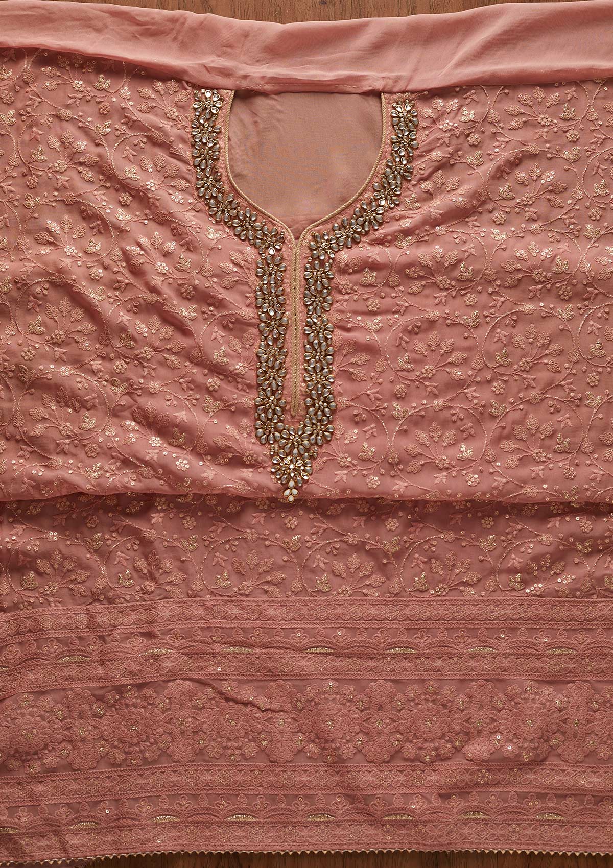 Onion Pink Stonework Georgette Designer Unstitched Salwar Suit - koskii
