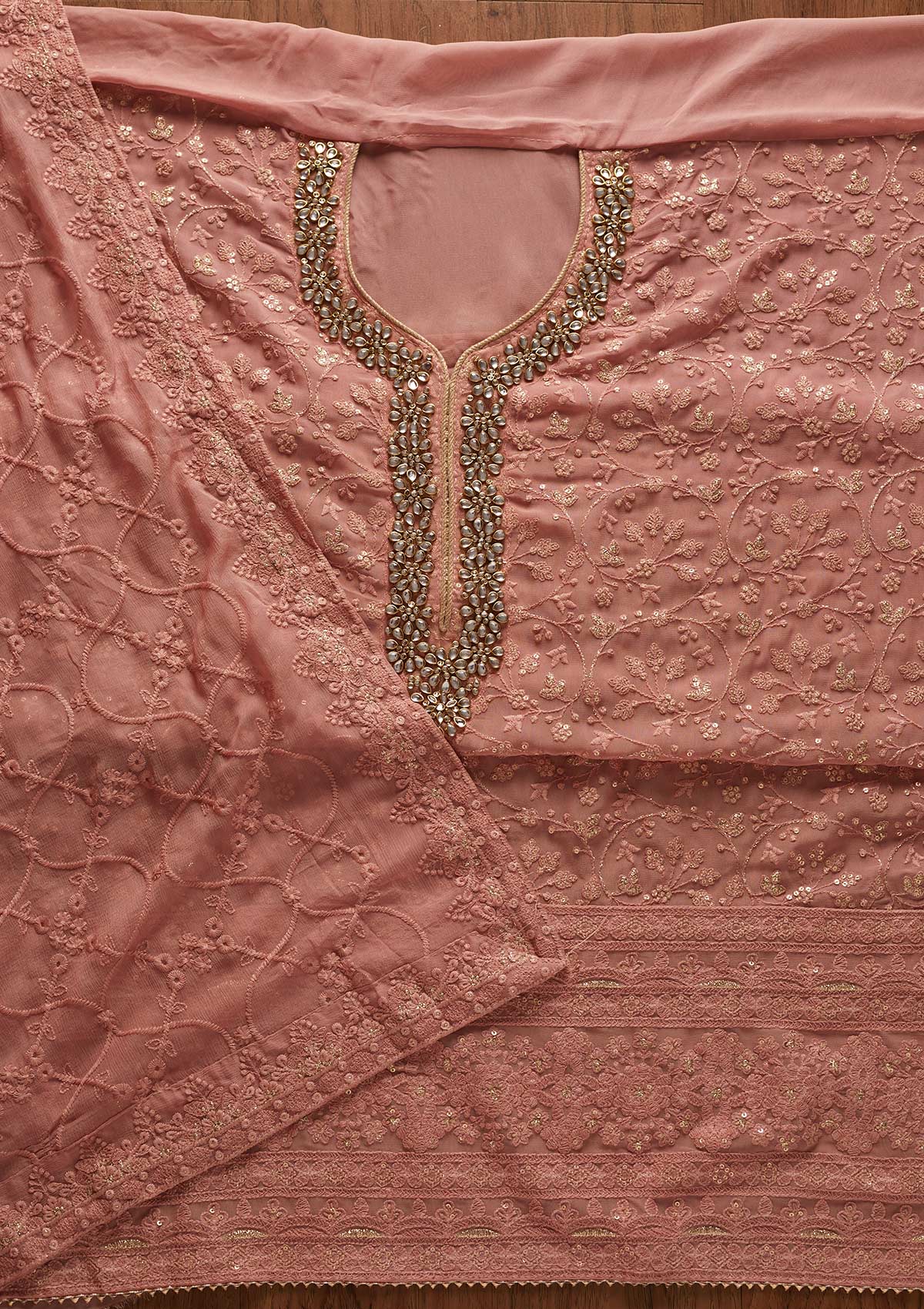 Onion Pink Stonework Georgette Designer Unstitched Salwar Suit - koskii
