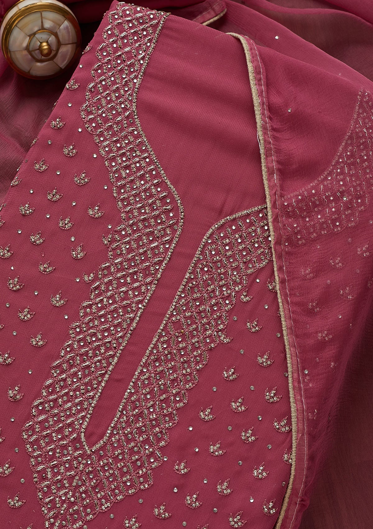 Onion Pink Stonework Georgette Unstitched Salwar Suit-Koskii