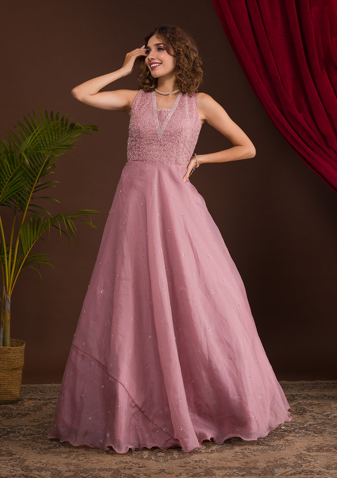 Onion Pink Stonework Tissue Designer Gown-Koskii