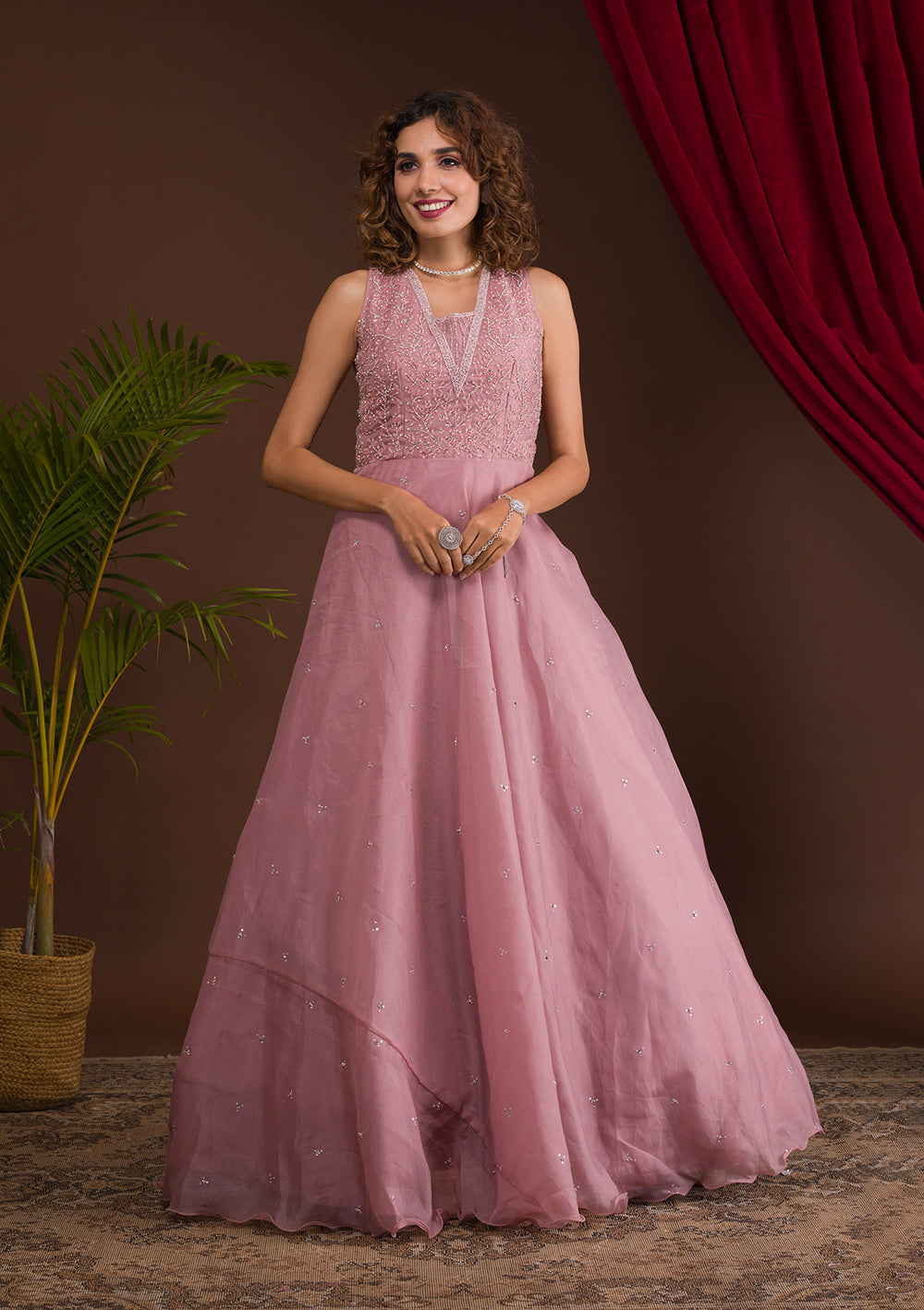 Onion Pink Stonework Tissue Designer Gown-Koskii