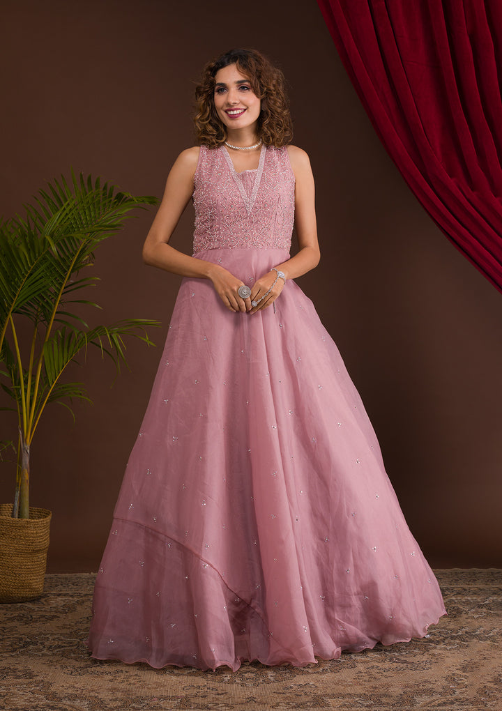 Onion Pink Stonework Tissue Designer Gown-Koskii