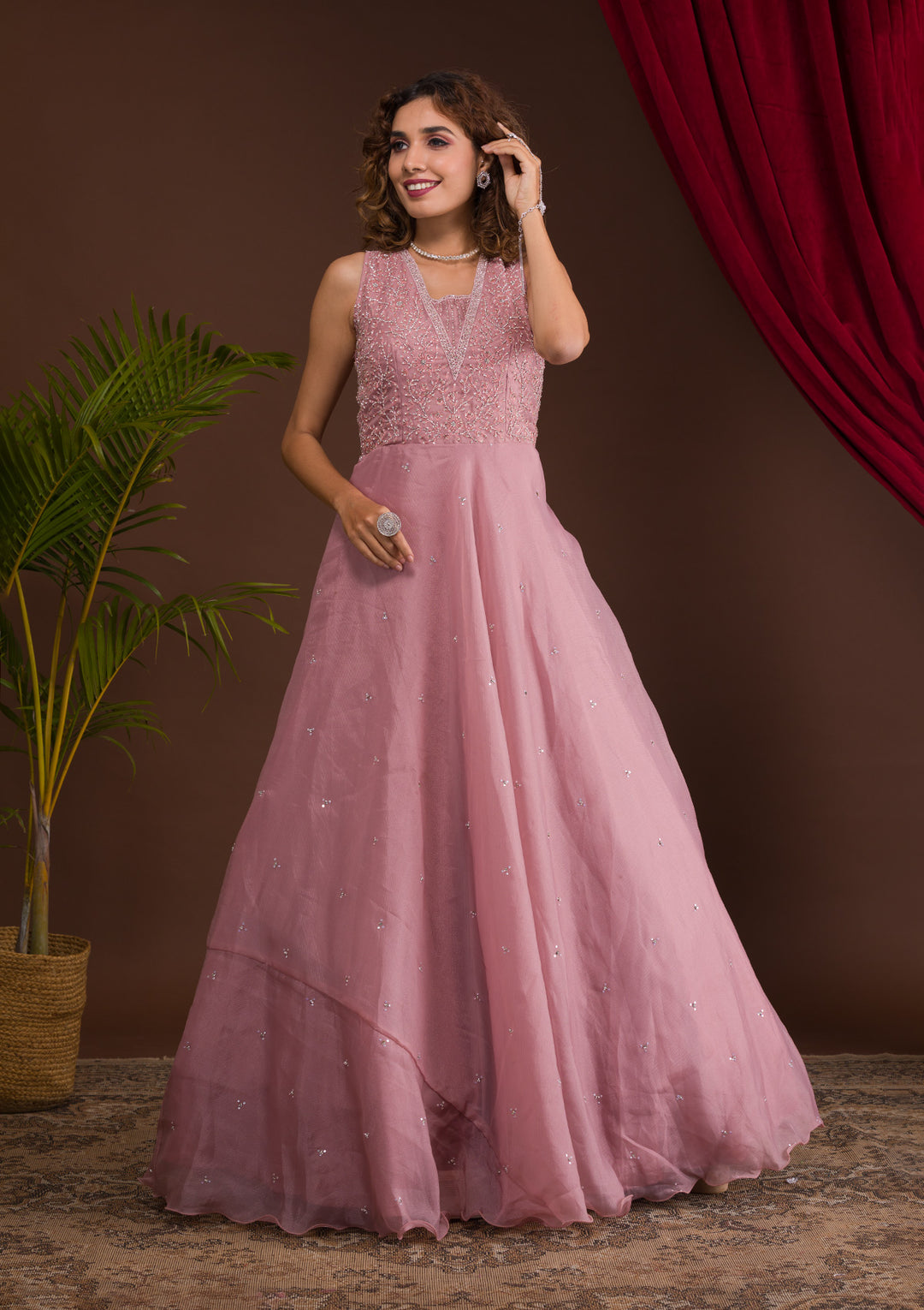 Onion Pink Stonework Tissue Designer Gown-Koskii
