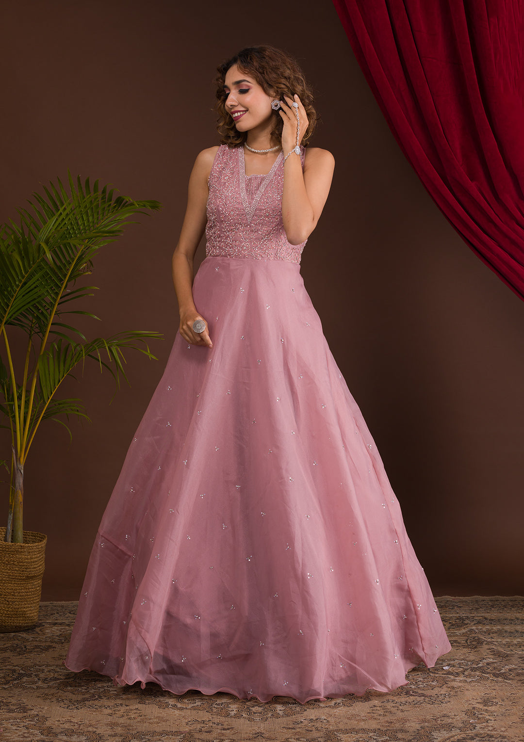 Onion Pink Stonework Tissue Designer Gown-Koskii