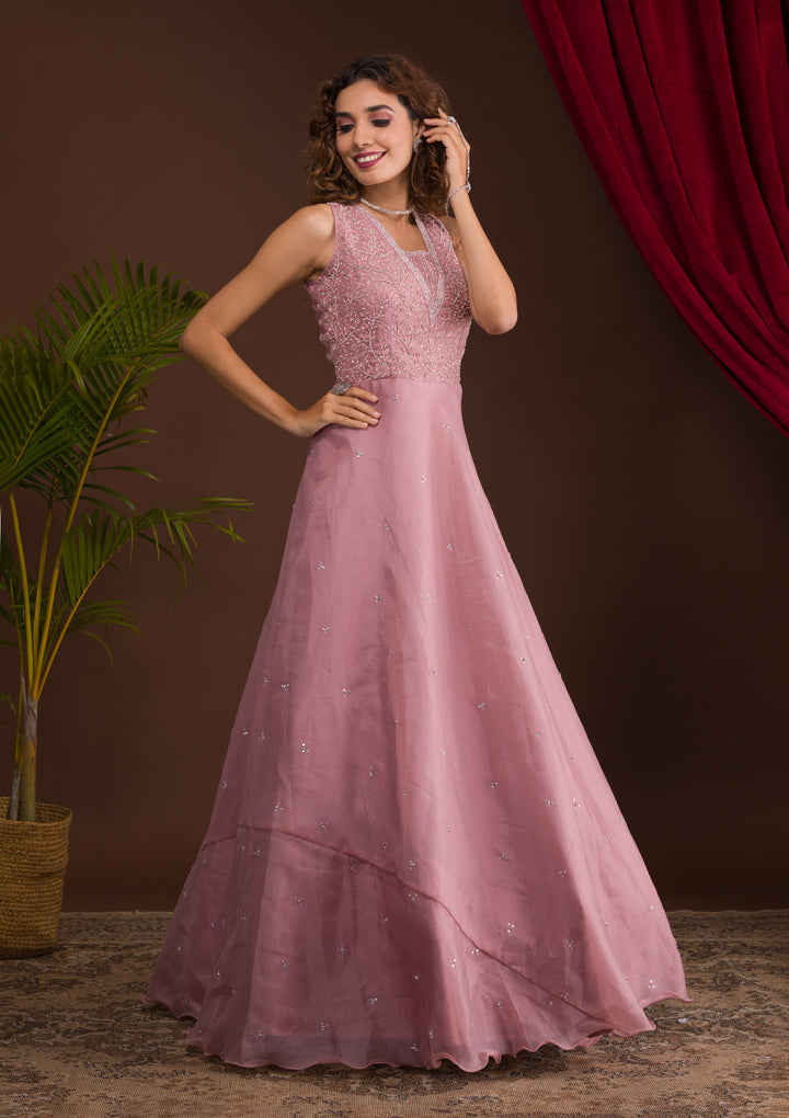 Onion Pink Stonework Tissue Designer Gown-Koskii