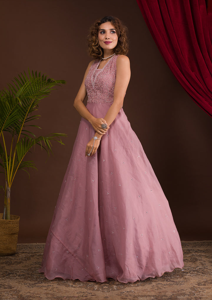 Onion Pink Stonework Tissue Designer Gown-Koskii