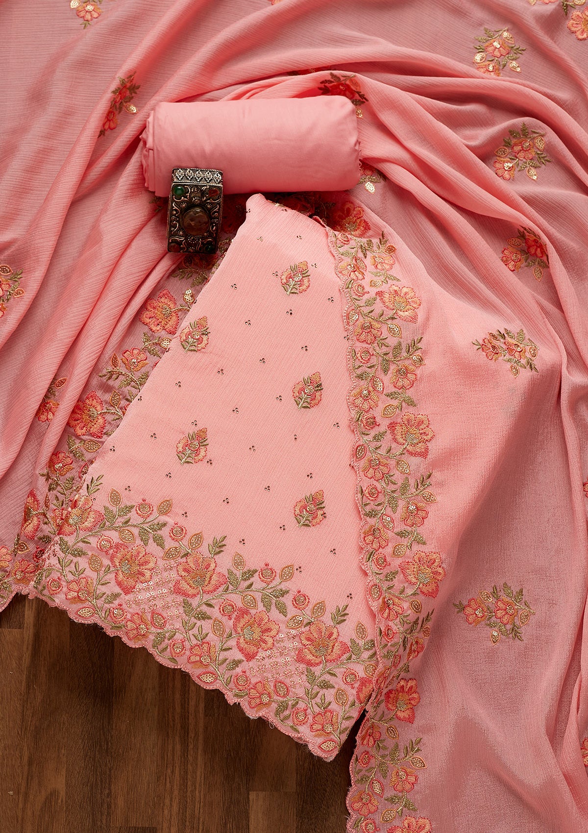 Onion Pink Swarovski Georgette Unstitched Salwar Suit-Koskii