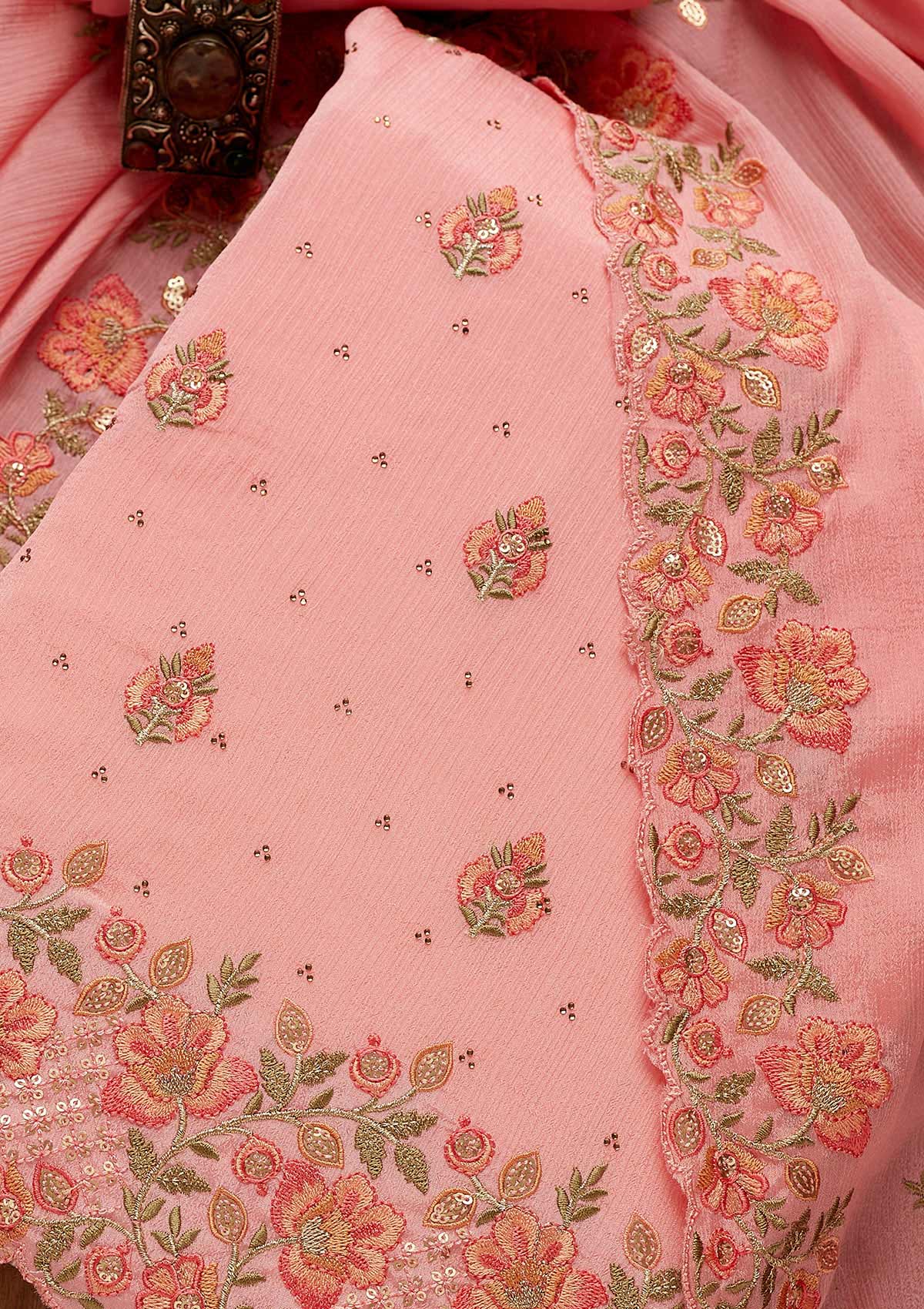 Onion Pink Swarovski Georgette Unstitched Salwar Suit-Koskii