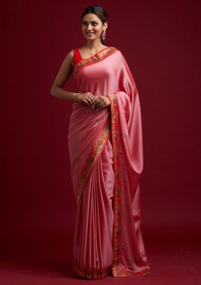 Onion Pink Swarovski Semi Crepe Designer Saree - koskii