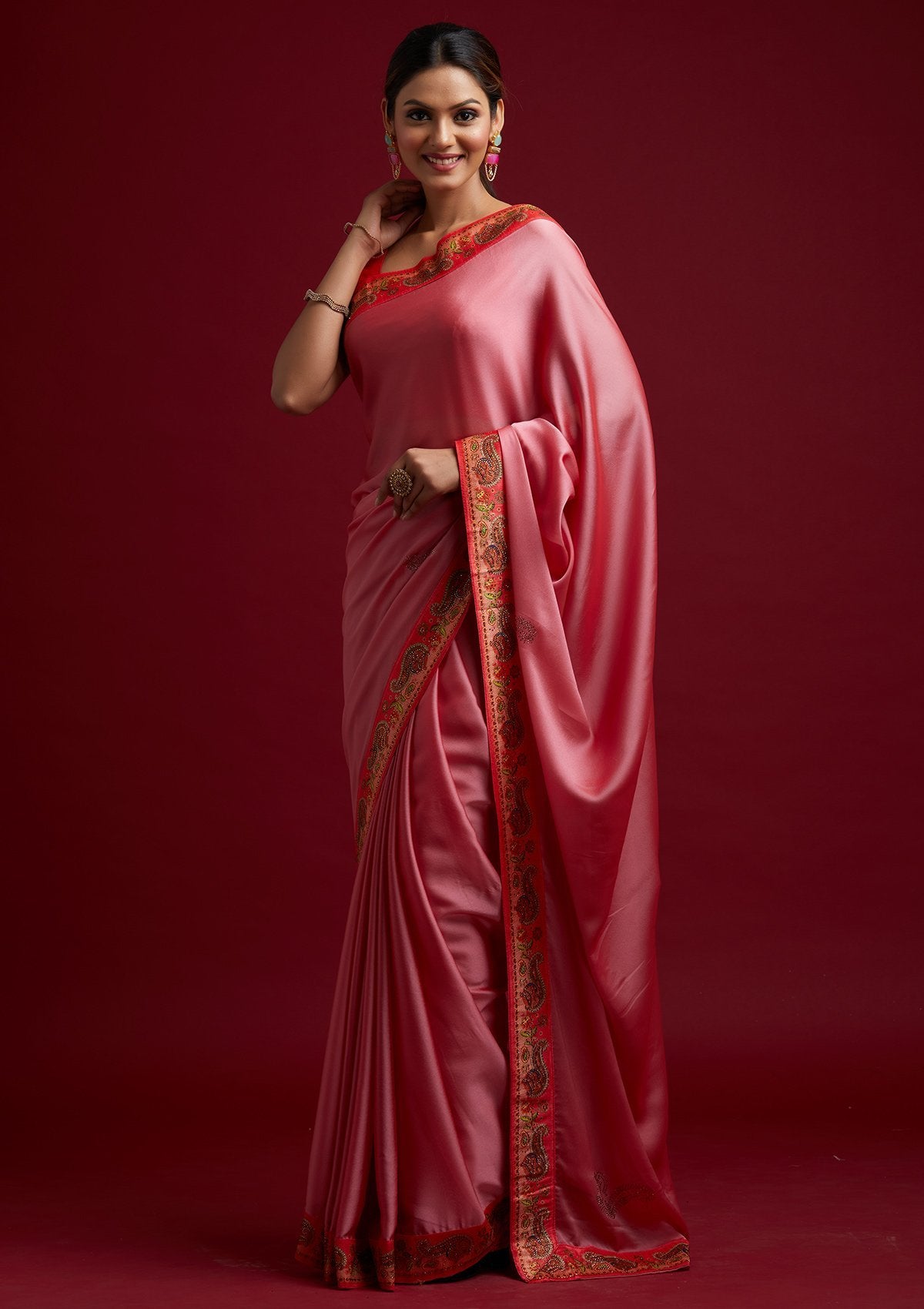 Buy Onion Pink Swarovski Semi Crepe Designer Saree - Koskii