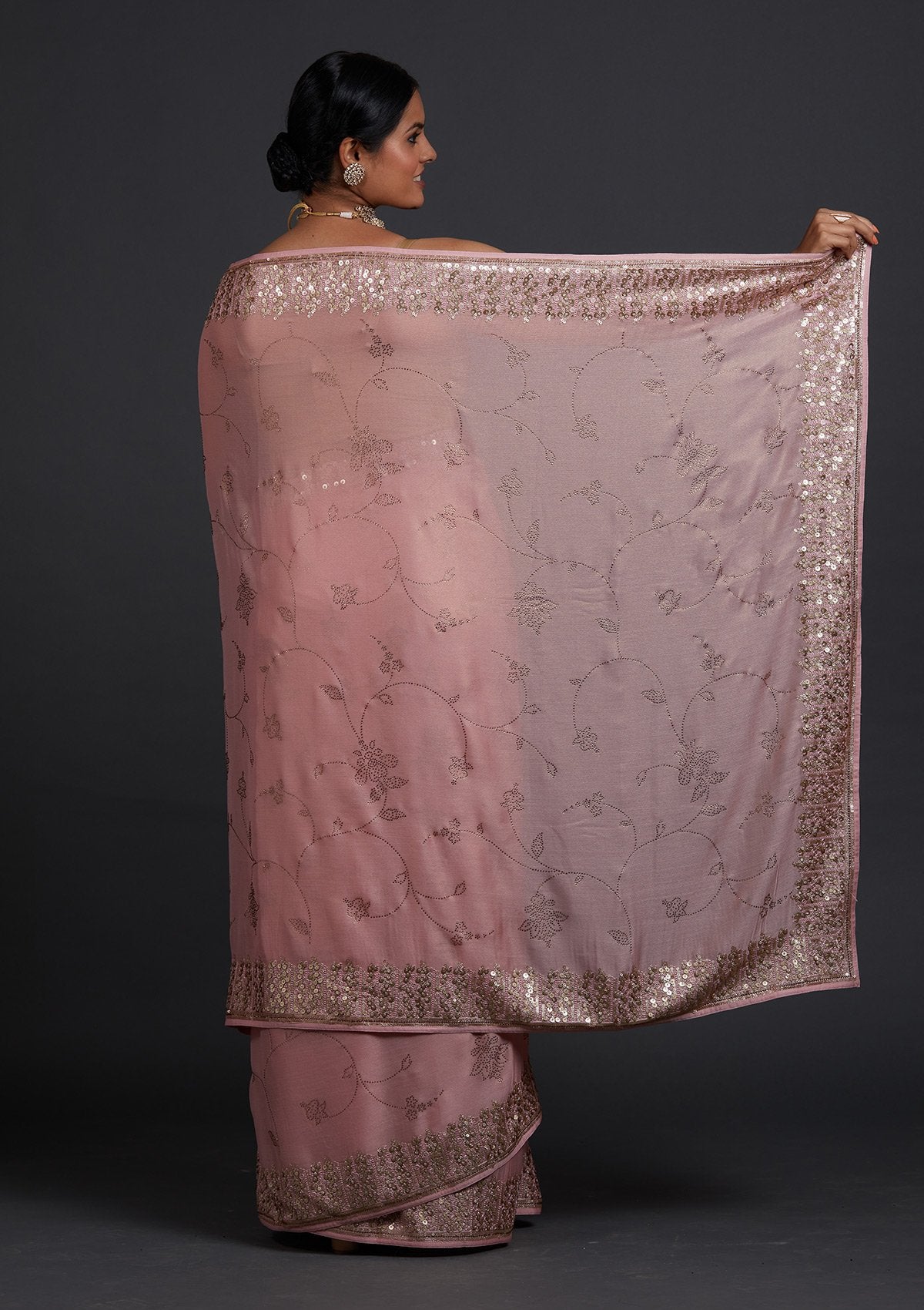 Onion Pink Swarovski Shimmer Designer Saree - Koskii