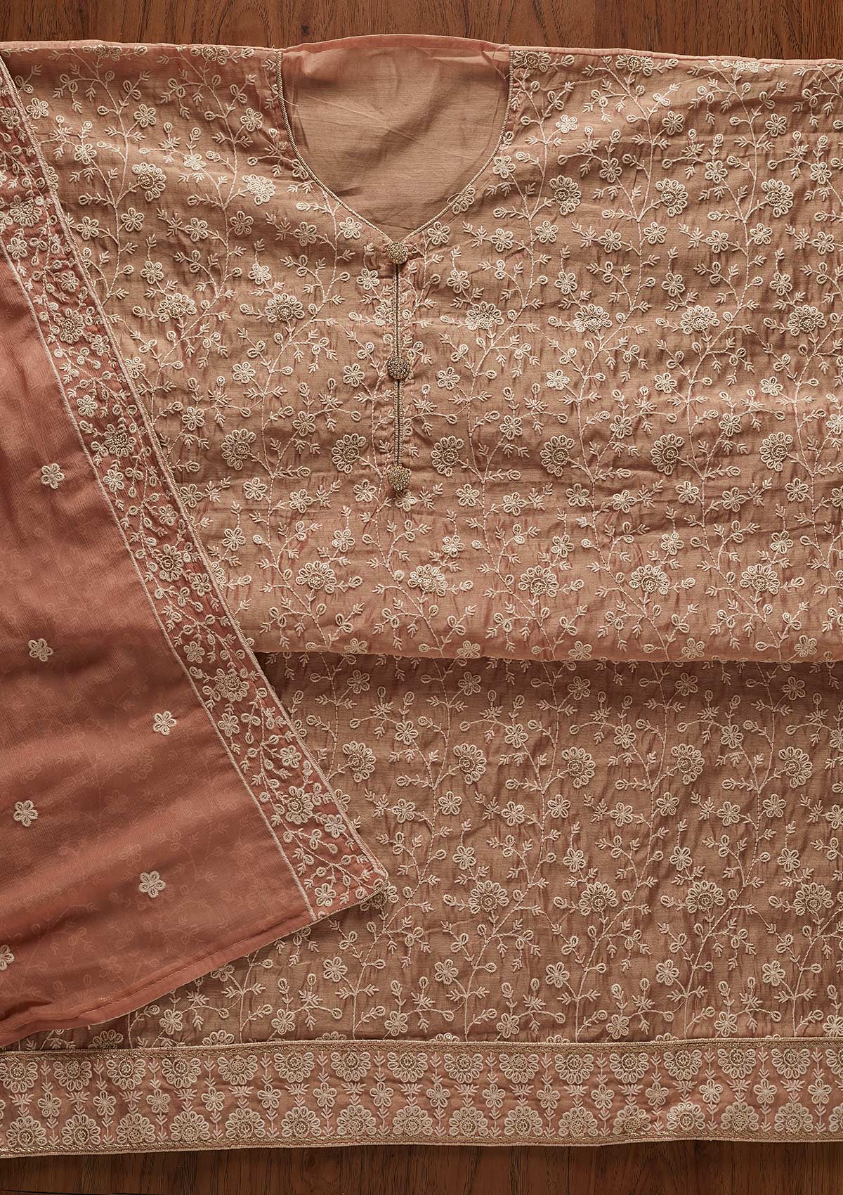 Onion Pink Threadwork Chanderi Designer Unstitched Salwar Suit - koskii