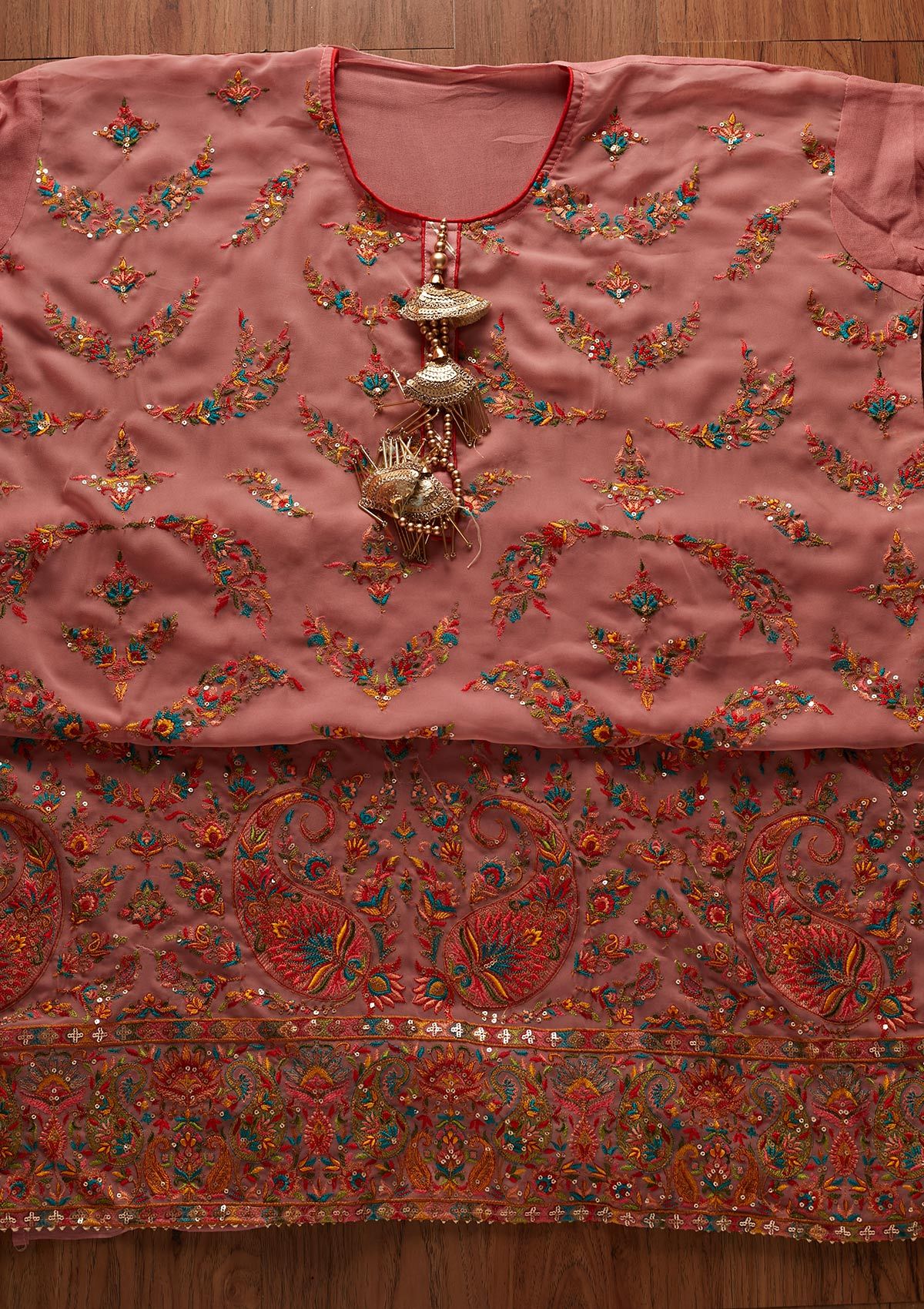 Onion Pink Threadwork Georgette Designer Semi-Stitched Salwar Suit - koskii