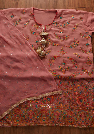Onion Pink Threadwork Georgette Designer Semi-Stitched Salwar Suit - koskii