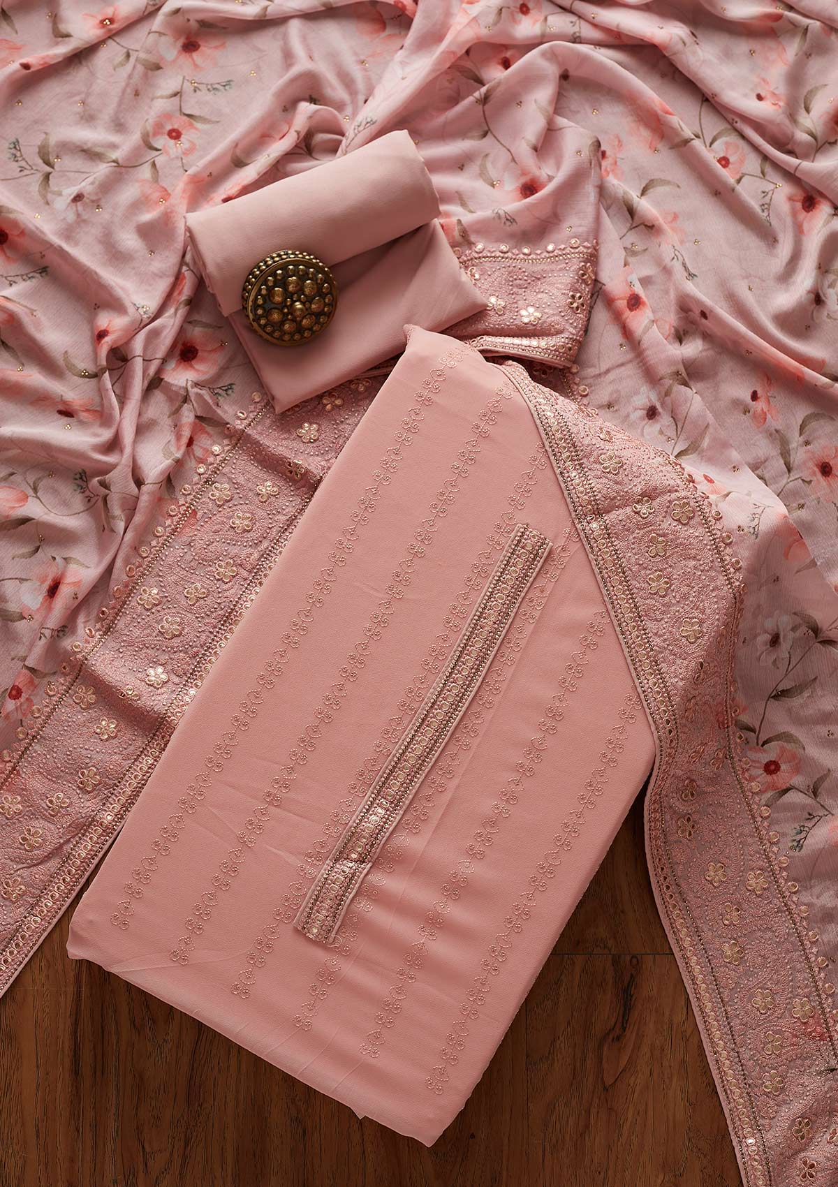 Onion Pink Threadwork Georgette Designer Unstitched Salwar Suit - koskii