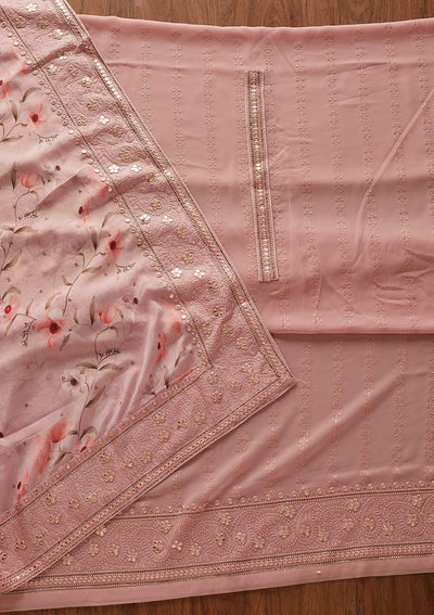 Onion Pink Threadwork Georgette Designer Unstitched Salwar Suit - koskii