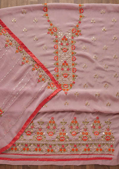 Onion Pink Threadwork Georgette Unstitched Salwar Suit - Koskii