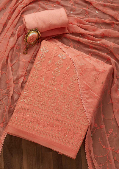 Onion Pink Sequins Threadwork Georgette Unstitched Salwar Suit-Koskii