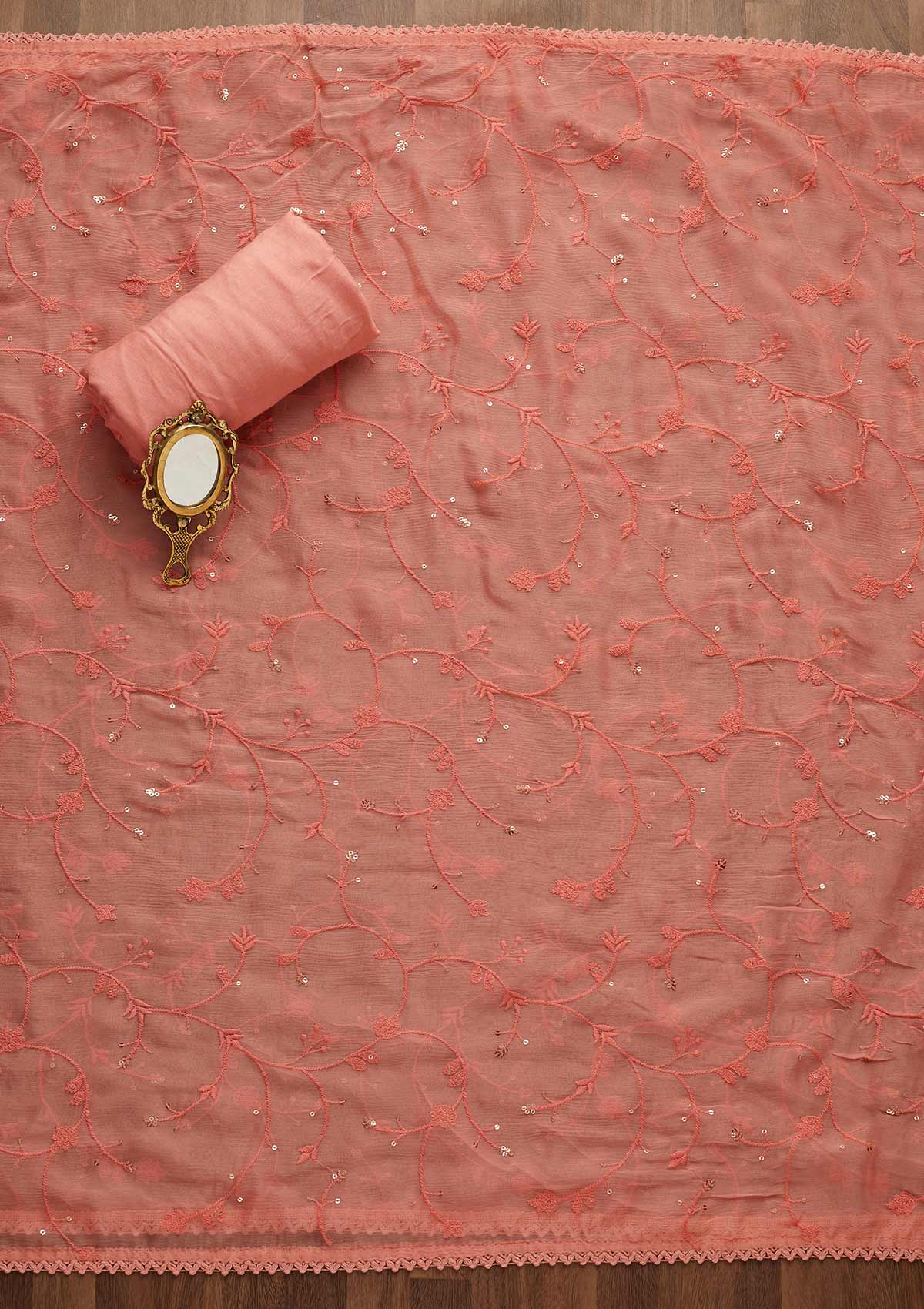 Onion Pink Sequins Threadwork Georgette Unstitched Salwar Suit-Koskii