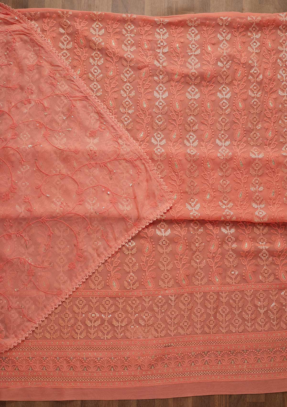 Onion Pink Sequins Threadwork Georgette Unstitched Salwar Suit-Koskii