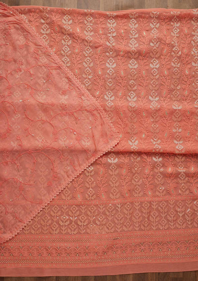 Onion Pink Sequins Threadwork Georgette Unstitched Salwar Suit-Koskii
