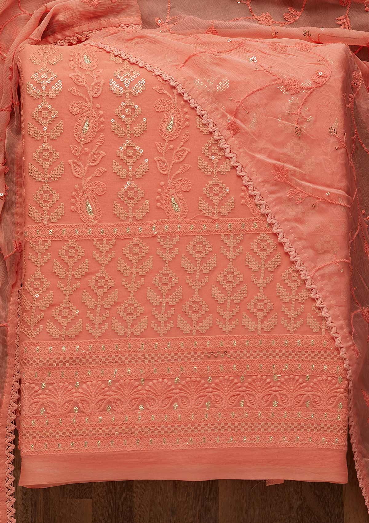 Onion Pink Sequins Threadwork Georgette Unstitched Salwar Suit-Koskii