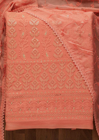 Onion Pink Sequins Threadwork Georgette Unstitched Salwar Suit-Koskii