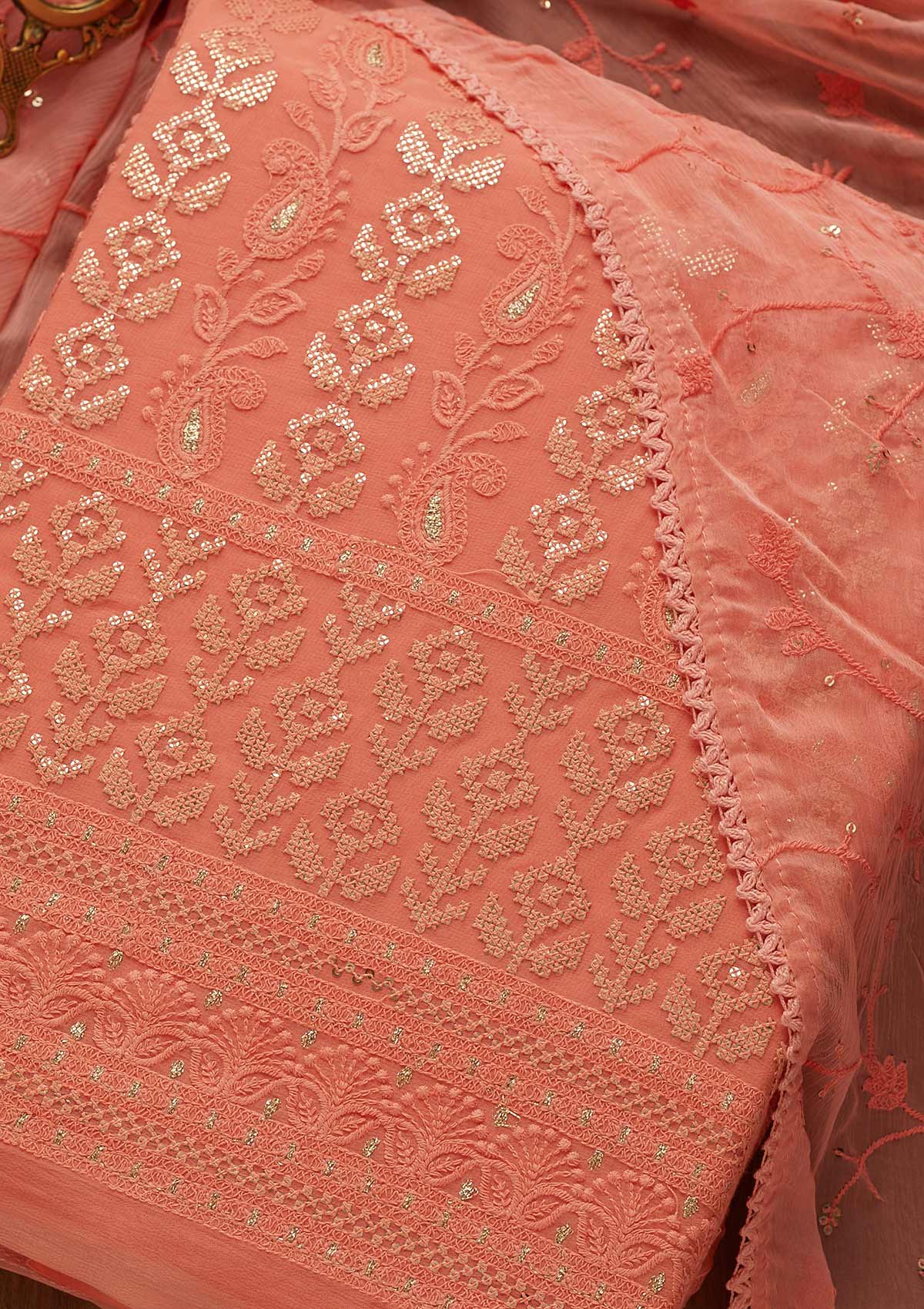 Onion Pink Sequins Threadwork Georgette Unstitched Salwar Suit-Koskii