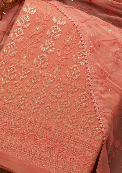 Onion Pink Sequins Threadwork Georgette Unstitched Salwar Suit-Koskii