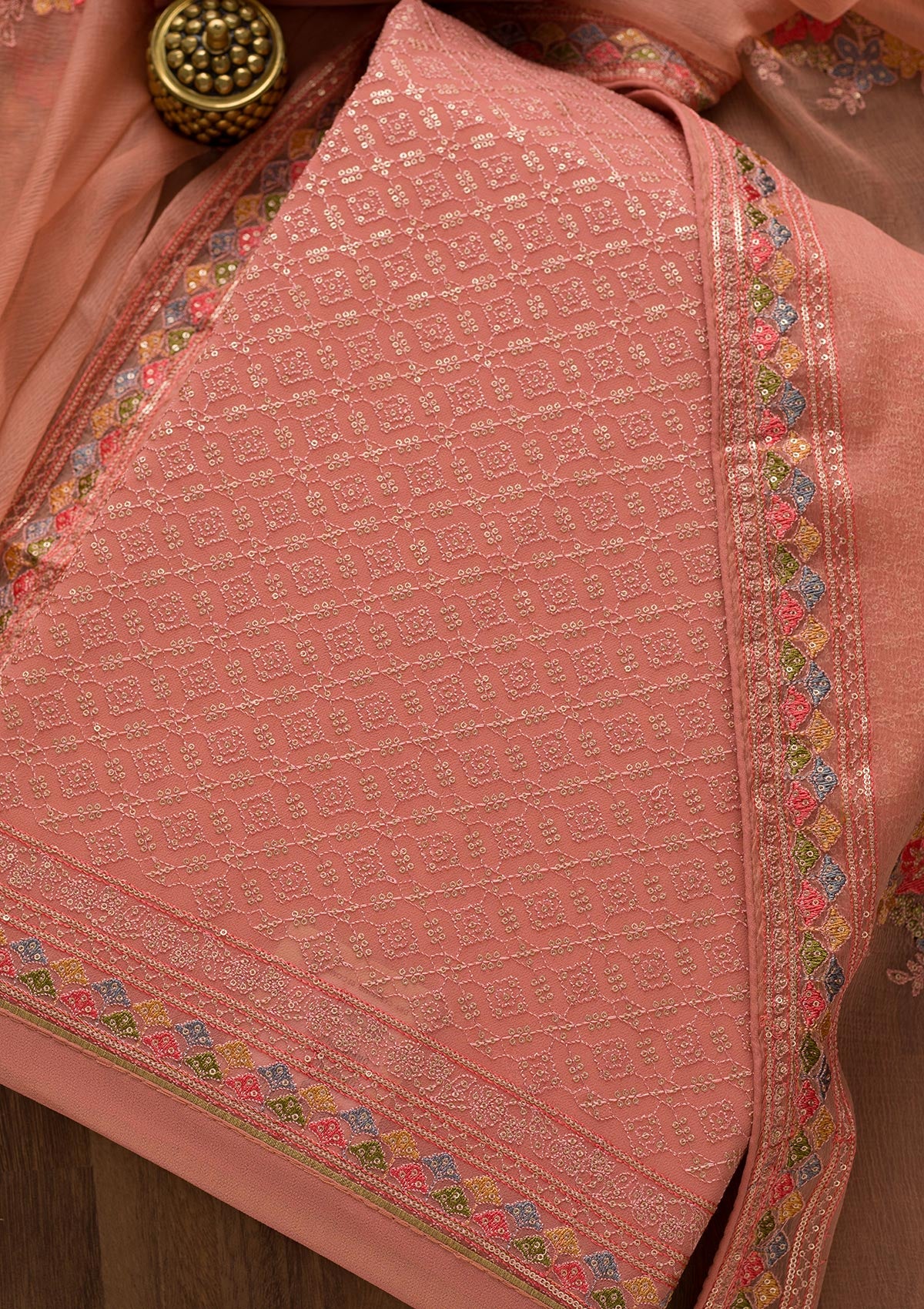 Onion Pink Threadwork Georgette Unstitched Salwar Suit-Koskii