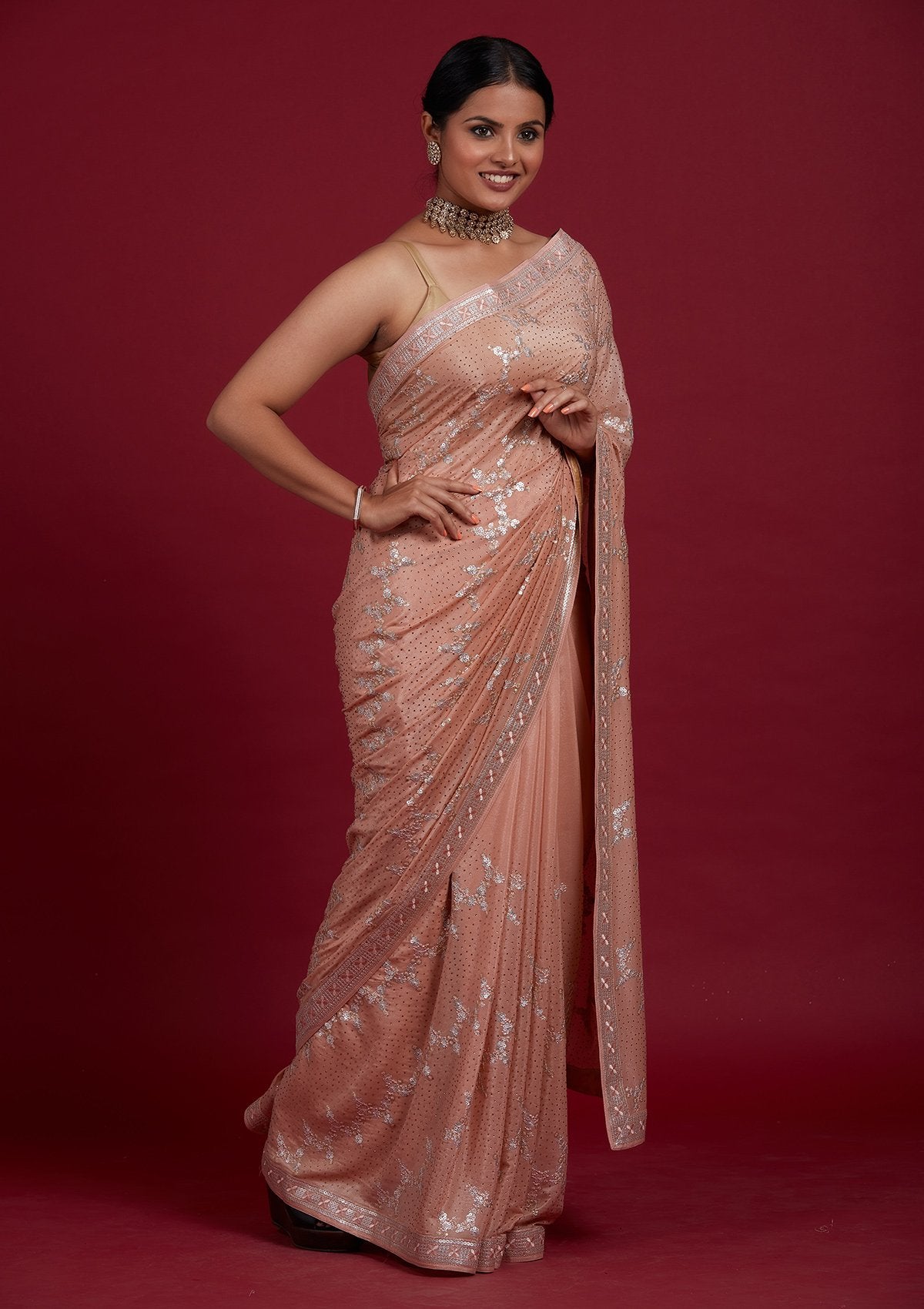 Shop Online Fancy Fabric Sequins Traditional Designer Saree in Peach :  196630 -