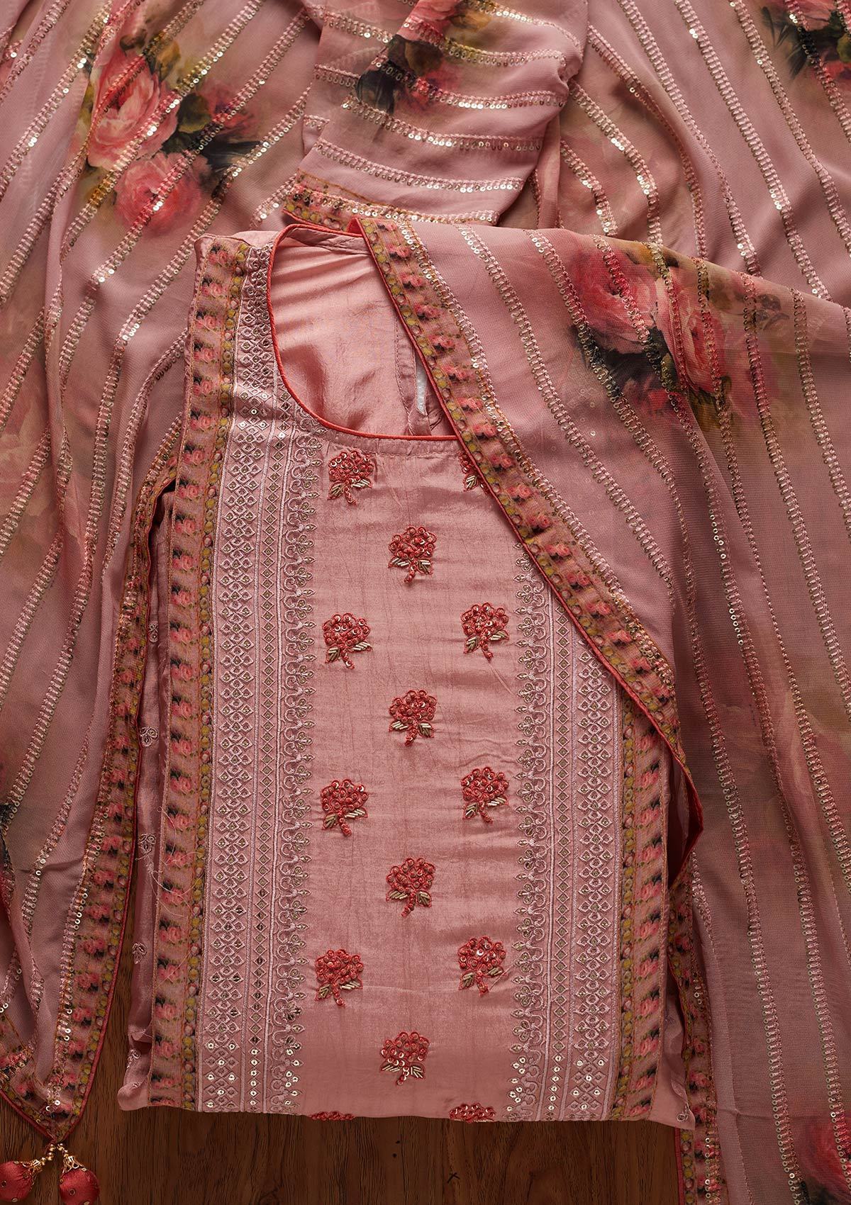 Onion Pink Threadwork Semi Crepe Designer Semi-Stitched Salwar Suit - koskii