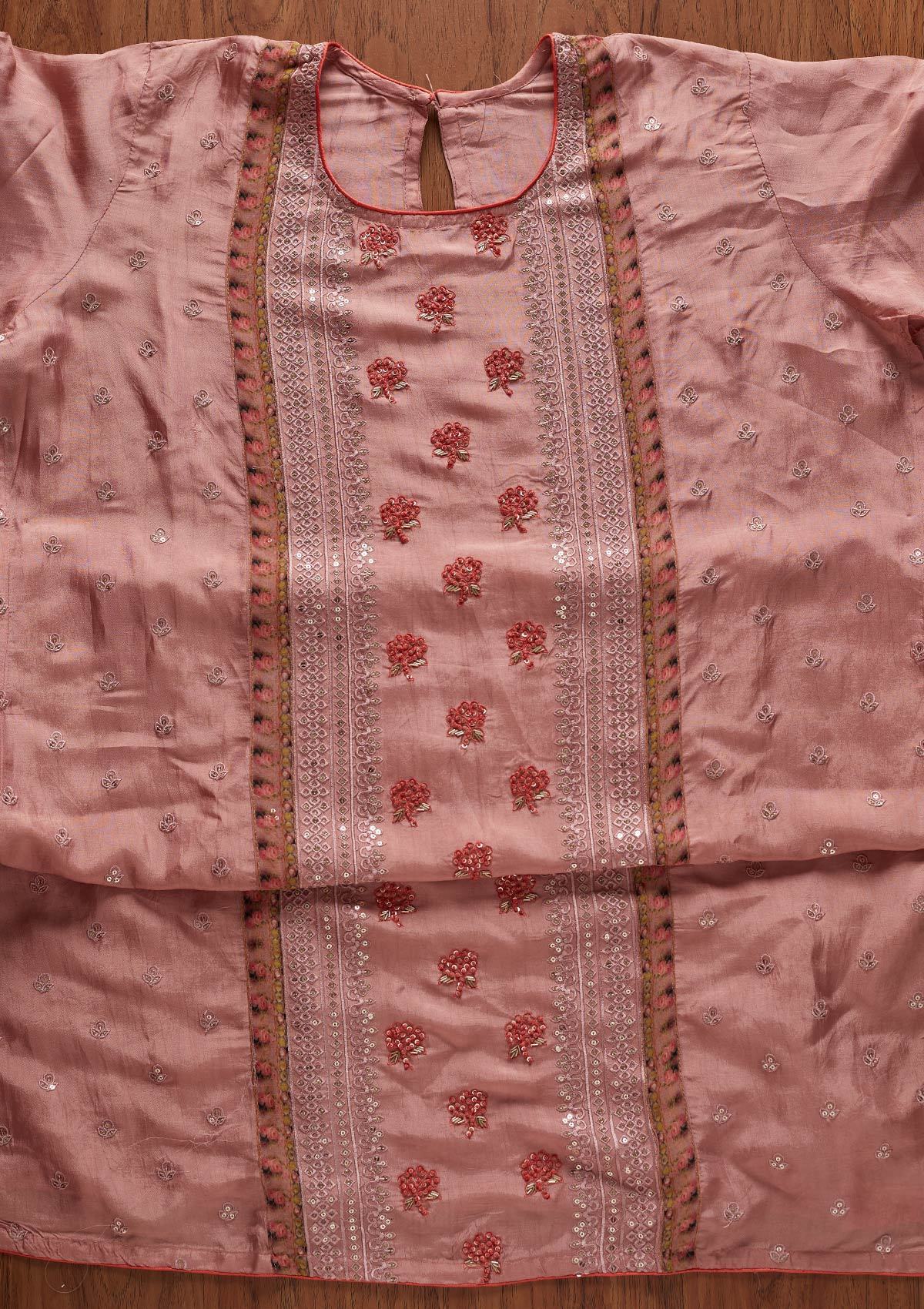 Onion Pink Threadwork Semi Crepe Designer Semi-Stitched Salwar Suit - koskii
