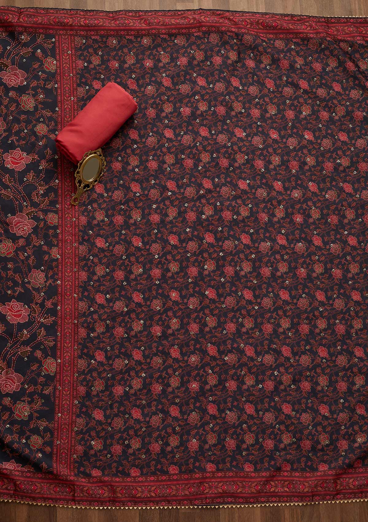 Onion Pink Sequins Threadwork Semi Crepe Unstitched Salwar Suit-Koskii