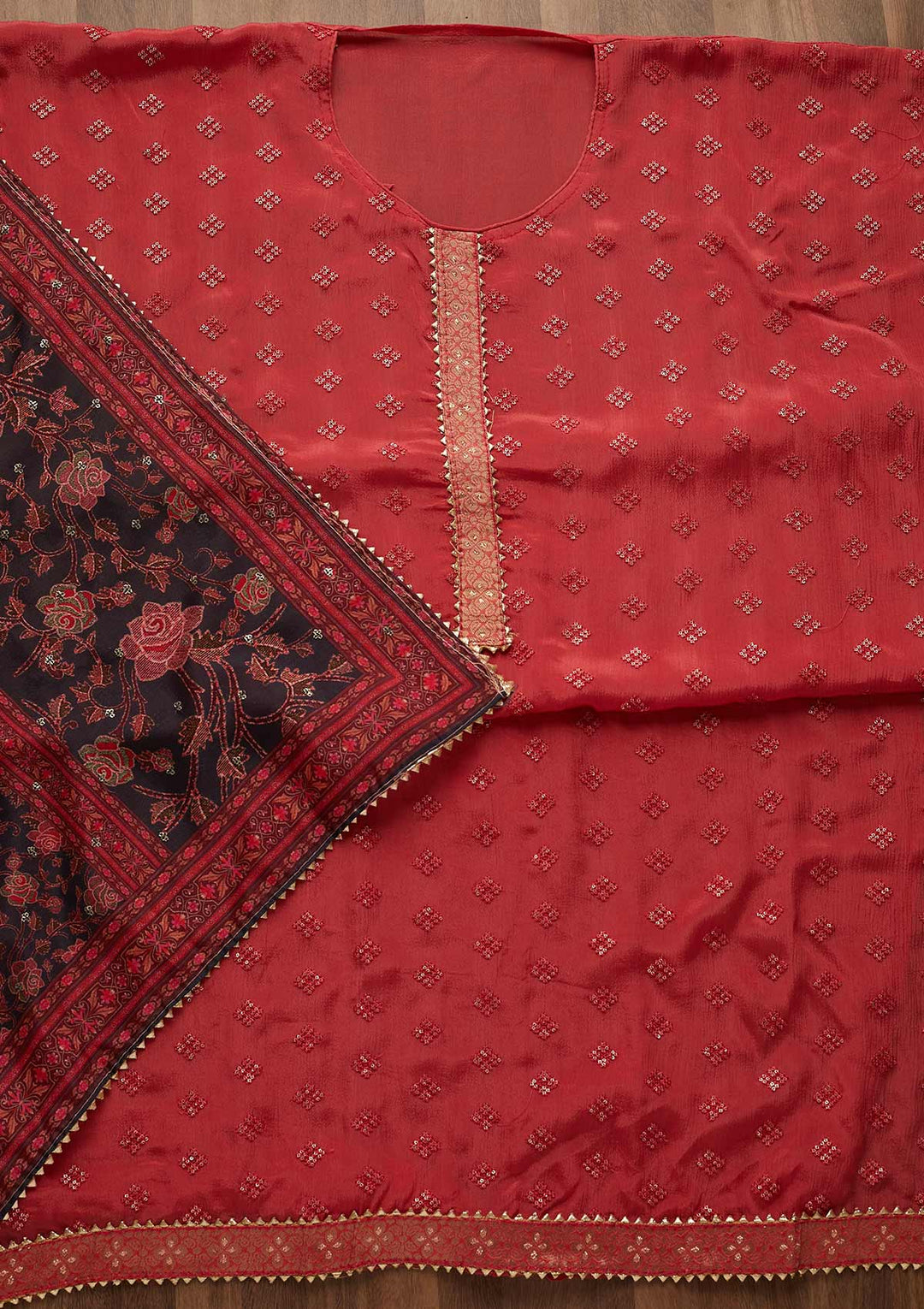 Onion Pink Sequins Threadwork Semi Crepe Unstitched Salwar Suit-Koskii
