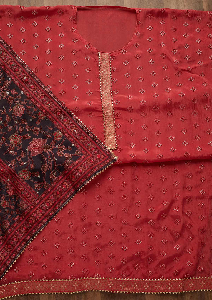 Onion Pink Sequins Threadwork Semi Crepe Unstitched Salwar Suit-Koskii