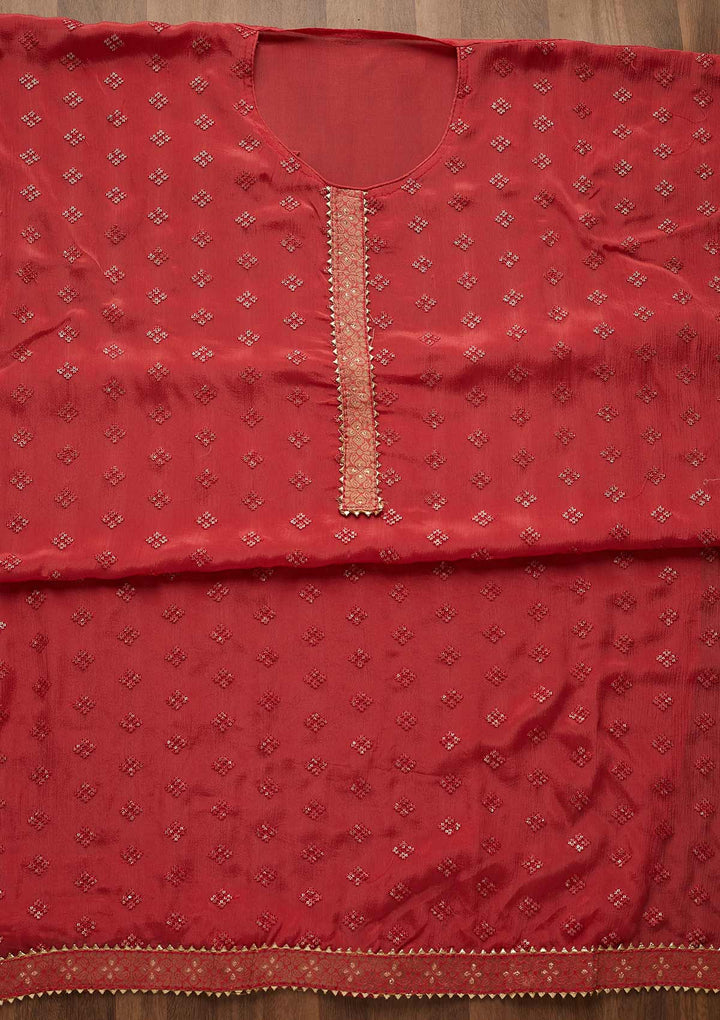 Onion Pink Sequins Threadwork Semi Crepe Unstitched Salwar Suit-Koskii
