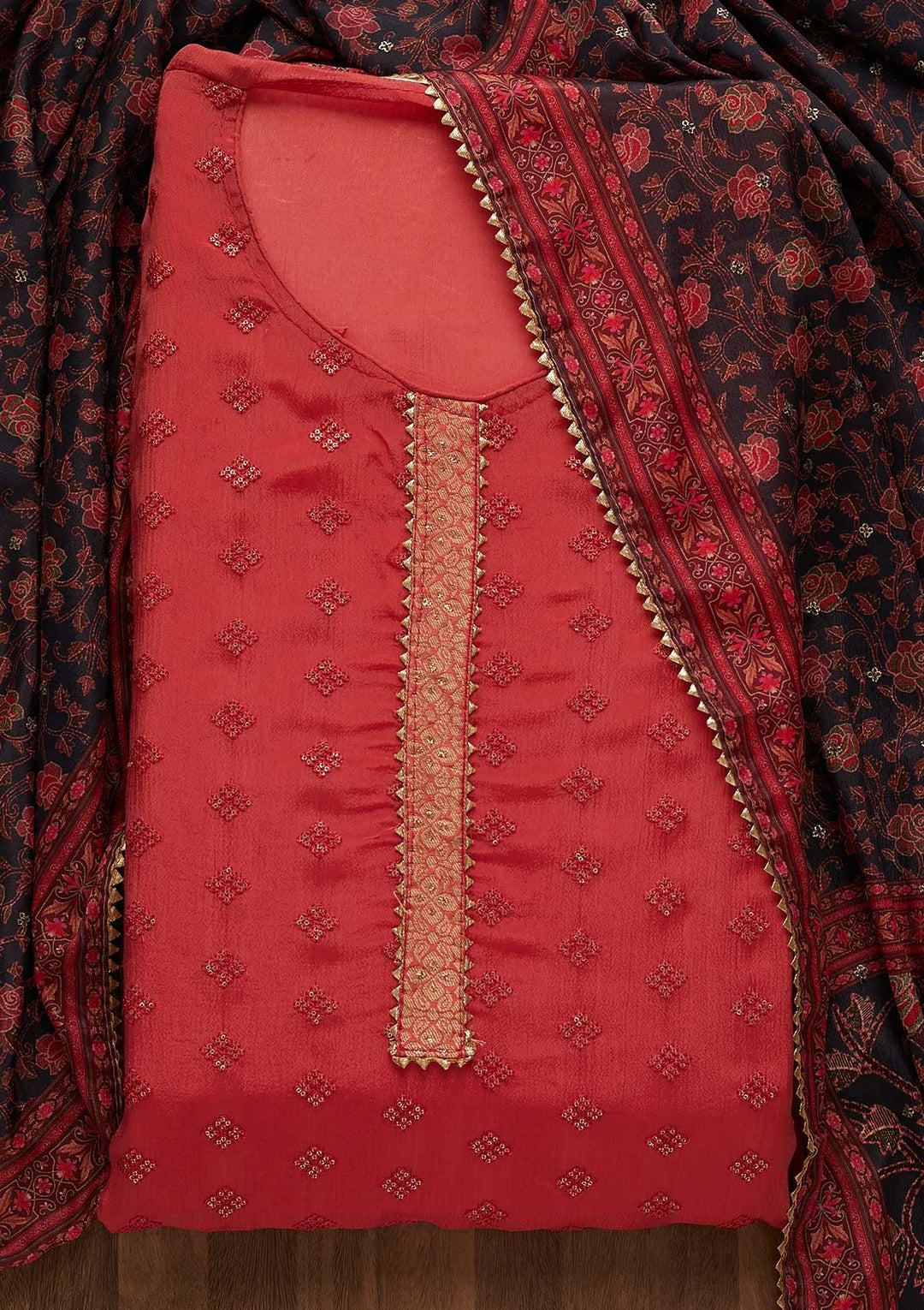 Onion Pink Sequins Threadwork Semi Crepe Unstitched Salwar Suit-Koskii