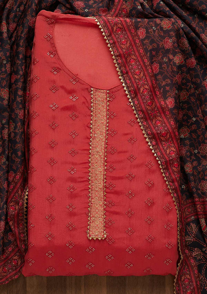 Onion Pink Sequins Threadwork Semi Crepe Unstitched Salwar Suit-Koskii