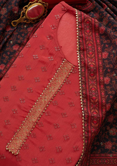 Onion Pink Sequins Threadwork Semi Crepe Unstitched Salwar Suit-Koskii