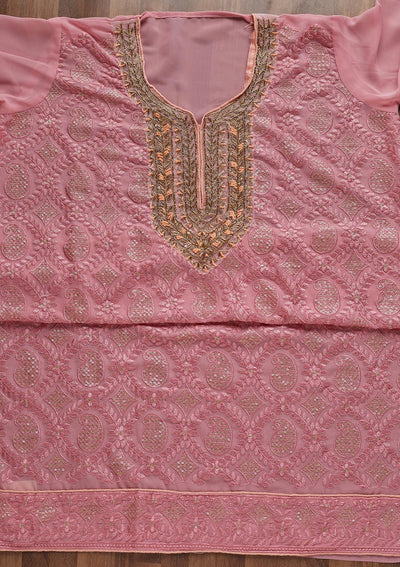 Onion Pink Zardosi Georgette Unstitched Salwar Suit - Koskii