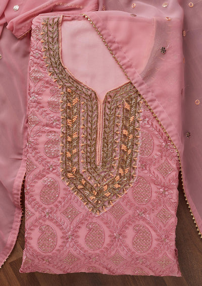 Onion Pink Zardosi Georgette Unstitched Salwar Suit - Koskii