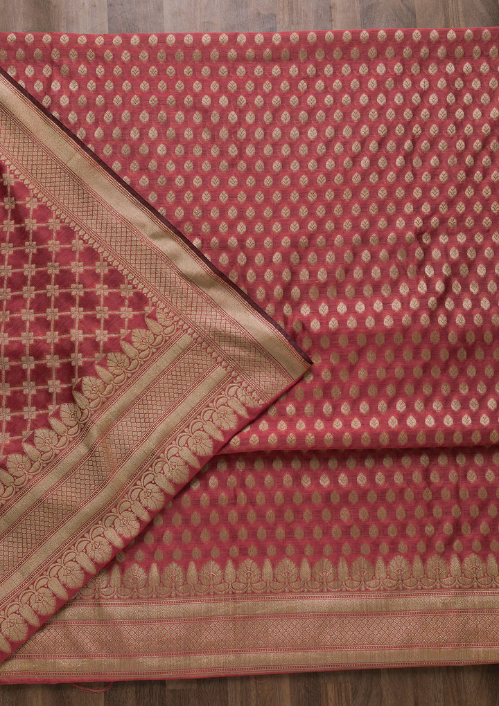 Onion Pink Zariwork Banarasi Unstitched Salwar Suit-Koskii