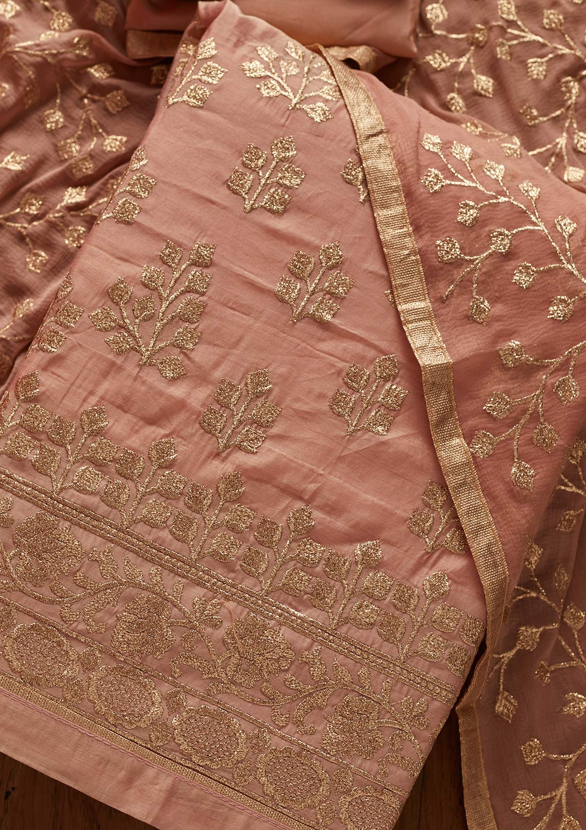 Onion Pink Zariwork Chanderi Designer Unstitched Salwar Suit - koskii