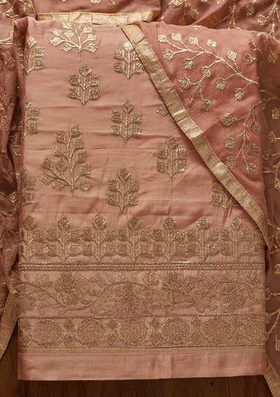 Onion Pink Zariwork Chanderi Designer Unstitched Salwar Suit - koskii