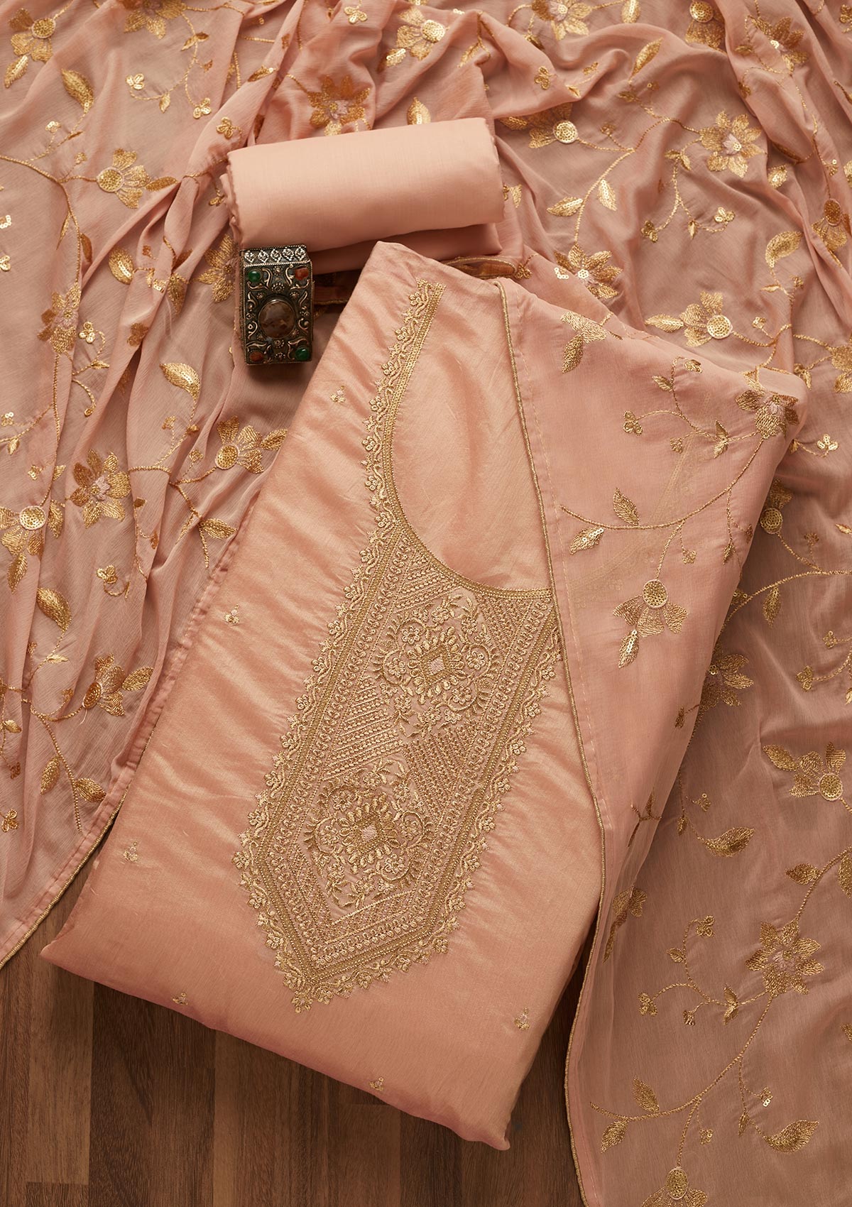 Onion Pink Zariwork Chanderi Unstitched Salwar Suit-Koskii