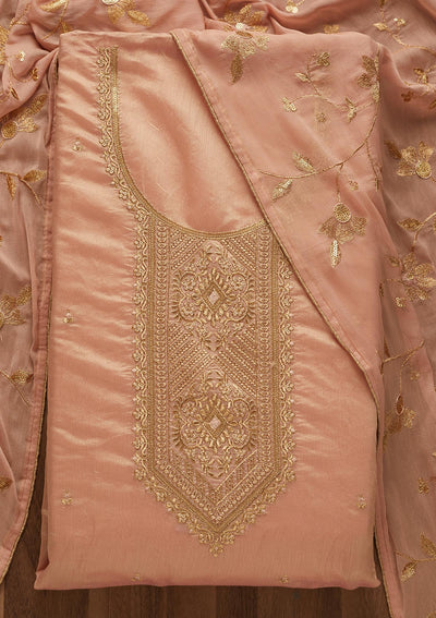 Onion Pink Zariwork Chanderi Unstitched Salwar Suit-Koskii