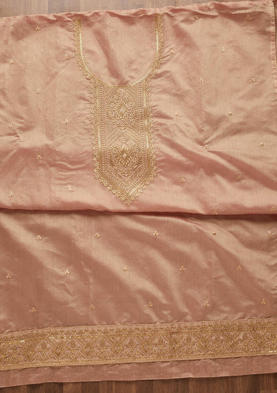Onion Pink Zariwork Chanderi Unstitched Salwar Suit-Koskii