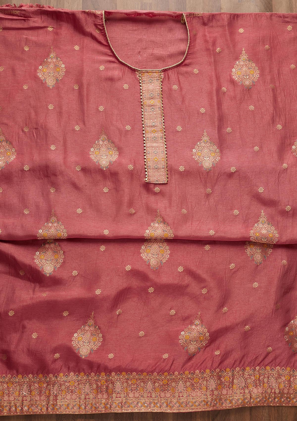 Onion Pink Zariwork Chanderi Unstitched Salwar Suit-Koskii