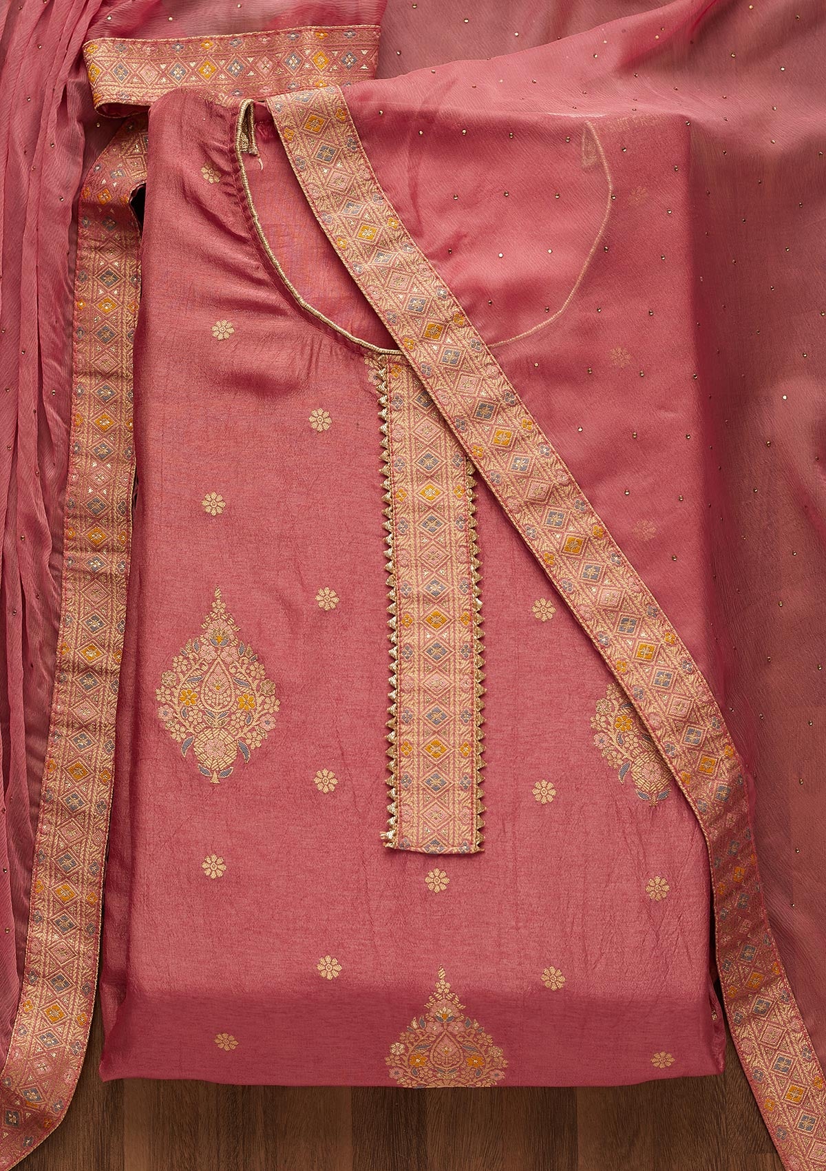 Onion Pink Zariwork Chanderi Unstitched Salwar Suit-Koskii